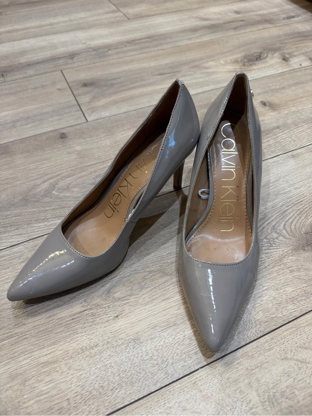 Calvin Klein Women's Patent Pointed-Toe Pumps in Taupe Gray